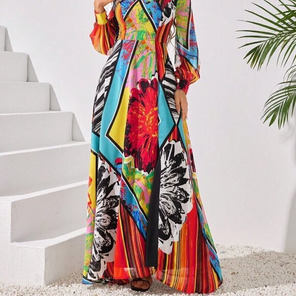 Multicolor Boho Women's Colorful Random Printed Round Neck Long Sleeve - Picture 3 of 6